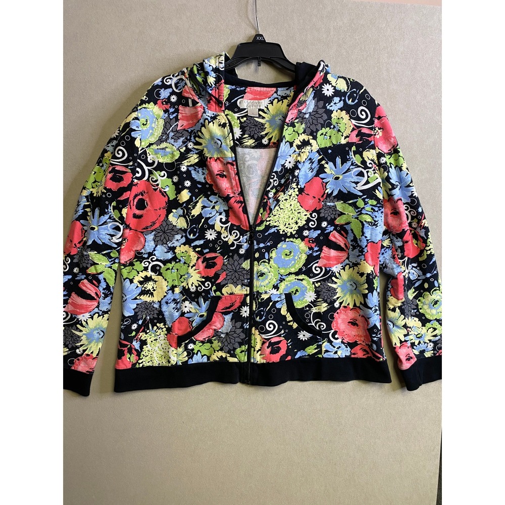 Christopher & Banks Womens XL Floral Full Zip Hoodie Black Multicolor Cotton